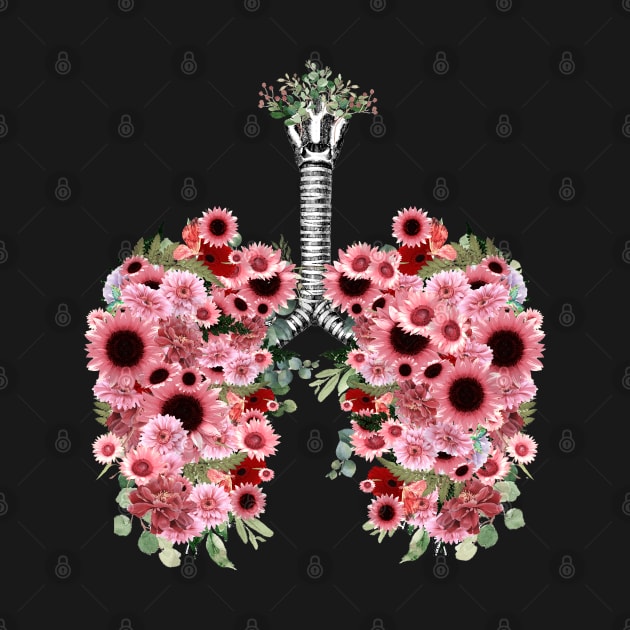 Lungs with pink daisy  flowers, lungs cancer, respiratory therapist by Collagedream
