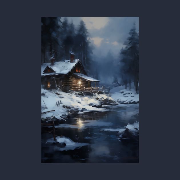 cozy winter nights - cabin by the lake - 2 by UmagineArts