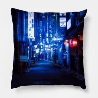 Japan Kyoto street - blue cyberpunk sci fi neon vintage 80s Pillow