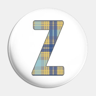 Monogram Letter Z, Blue, Yellow and Grey Scottish Tartan Style Typography Design Pin