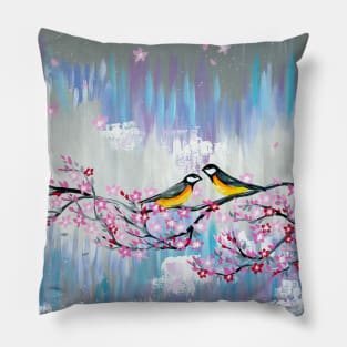 Grey, white, cherry blossom and birds Pillow