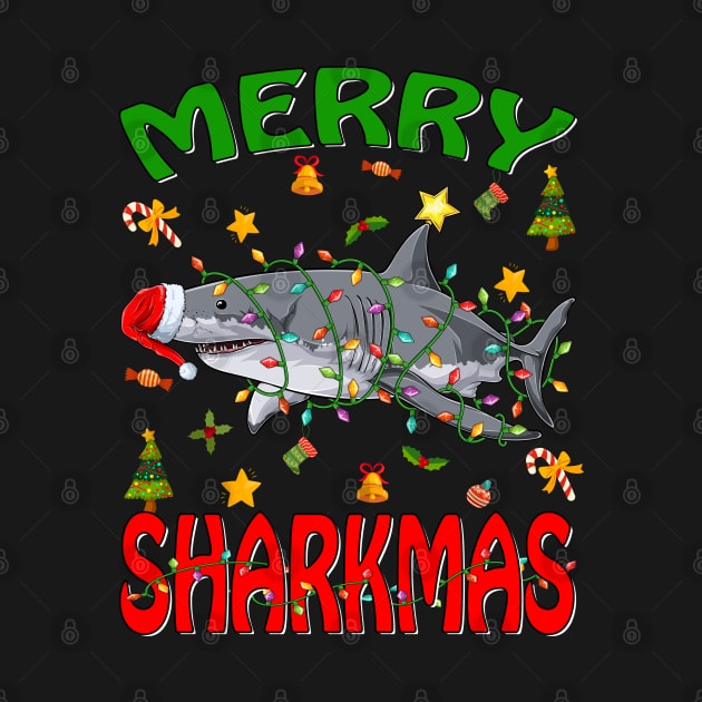 Santa Hat Shark Merry Sharkmas Christmas PJ Pajama T-Shirt by intelus