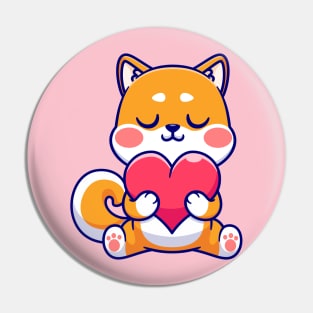 Cute Shiba Inu Dog Holding Love Heart Cartoon Pin