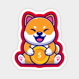 Cute Shiba Inu Dog With Gold Coin Cartoon Magnet