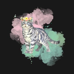 Pretty floral watercolor cat design T-Shirt