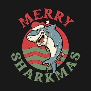 Merry Sharkmas. Funny Christmas Santa Hat Wearing Shark Boys Gift T-Shirt