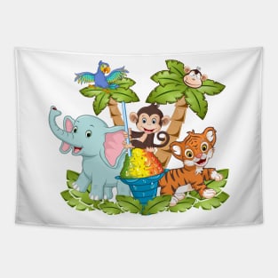 Jungle with Palm Tree, Elephant, Monkey, Parrot, Tiger and Ice Cream Tapestry