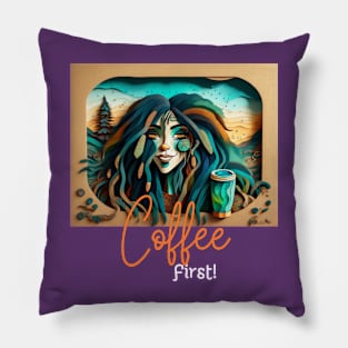 Coffee First! (blue hair dreads) Pillow