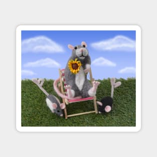 Grey Berkshire Rat and Friends - Needle Felted Rat Sunbathing on a Deck Chair Magnet