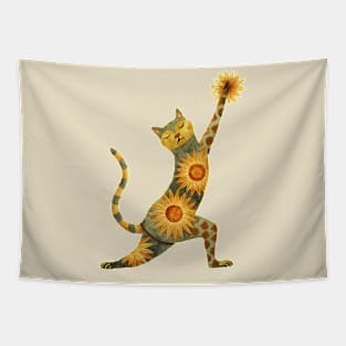 Yoga Cat with Boho Sunflower Pattern Tapestry