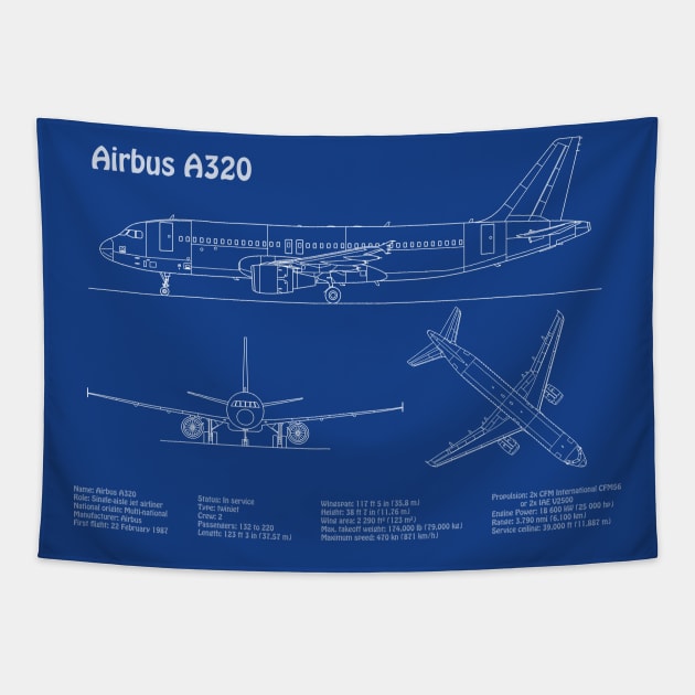 Airbus a320 Airplane Blueprint Plan - ADpng Tapestry by SPJE Illustration Photography