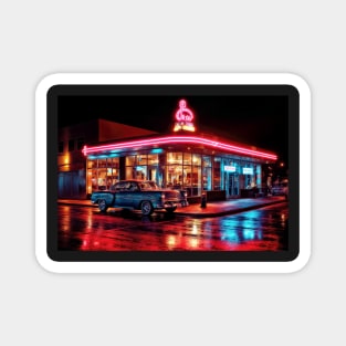A City Diner Lit Up With Neon and Wet Streets - Landscape Magnet