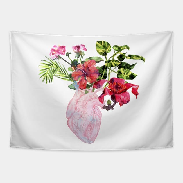 Human Anatomical Heart with Tropical Flower Tapestry by Olga Berlet