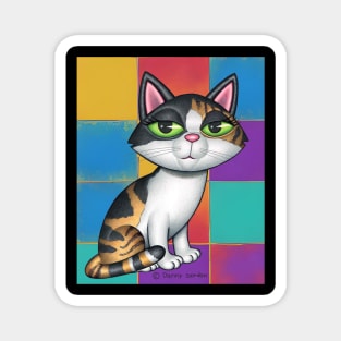 Cute Calico Kitty with Multi Colored Squares Magnet