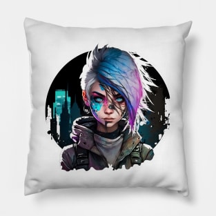 Purple Light Cyber Punk Girl in Night City Pillow