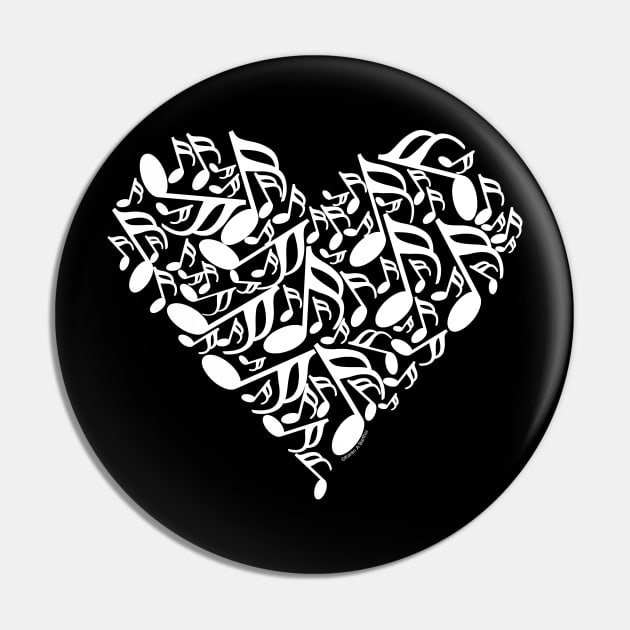 White Music Notes Heart Pin by Barthol Graphics