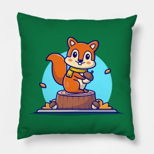 Happy Cute Squirrel Holding Acorn Cartoon Vector Icon Illustration (2) Pillow