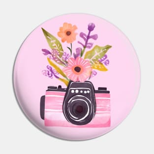 Cute Pink Watercolor Camera and Wildflowers Pin