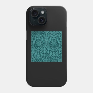 Aqua Teal on Ocean Blue Green Weird Medieval Lions, Cherubs, and Skulls Scrollwork Damask Phone Case