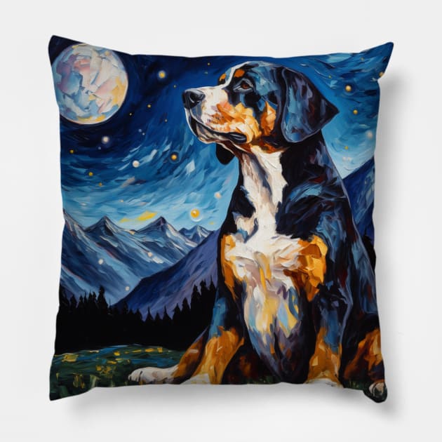 Greater Swiss Mountain Dog portrait Starry Night Pillow by NatashaCuteShop