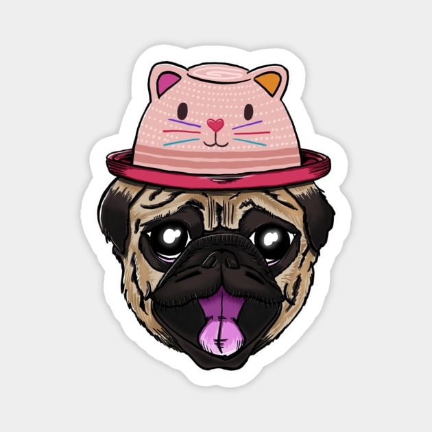 Pug dog with cat hat Magnet by madebystfn