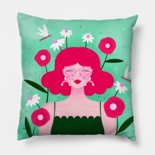 Happy girl with flowers and dragonflies, version 3 Pillow
