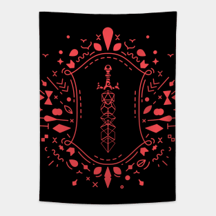 Abstract Red Polyhedral D20 Dice Set Sword Monogram Splatter Tapestry