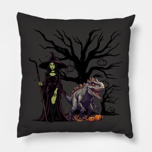 Scary dinasour with witch and pumpkin art for halloween season Pillow