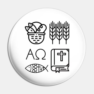 Black and White Christian Symbols Alpha, Omega, Wheat, Harvest, Bible, Fish, Bread Pin