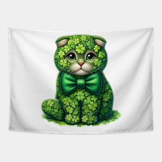 Clover Scottish Fold Cat St Patricks Day Tapestry by Chromatic Fusion Studio