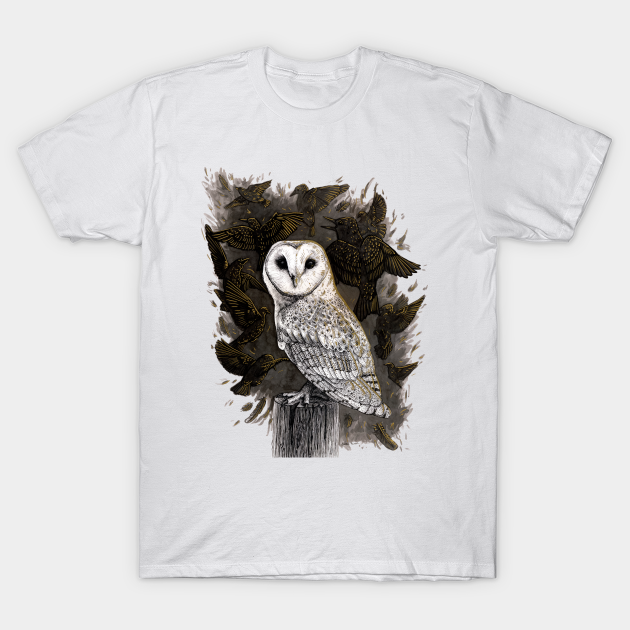 Barn Owl with Golden Starlings - Owl - T-Shirt