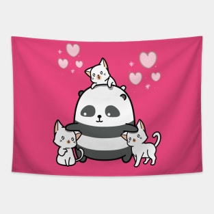 Cute Panda Play With Three Kitten Tapestry