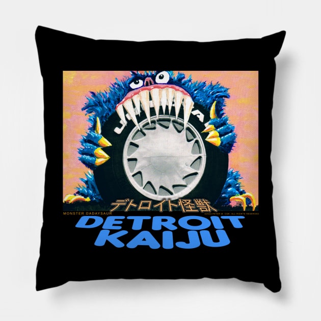 Dadaysaur on I-94! - Pete Coe's Detroit Kaiju series Pillow by DetroitKaiju