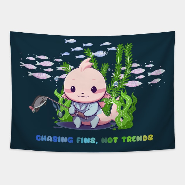 Cute axolotl fishing in the sea among seaweed Tapestry by MilkyBerry