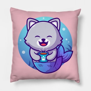 Cute Cat Mermaid With Fish Cartoon Pillow