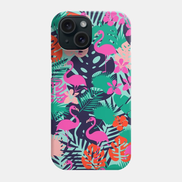 Pink Flamingo with Tropical Leaves Phone Case by kapotka