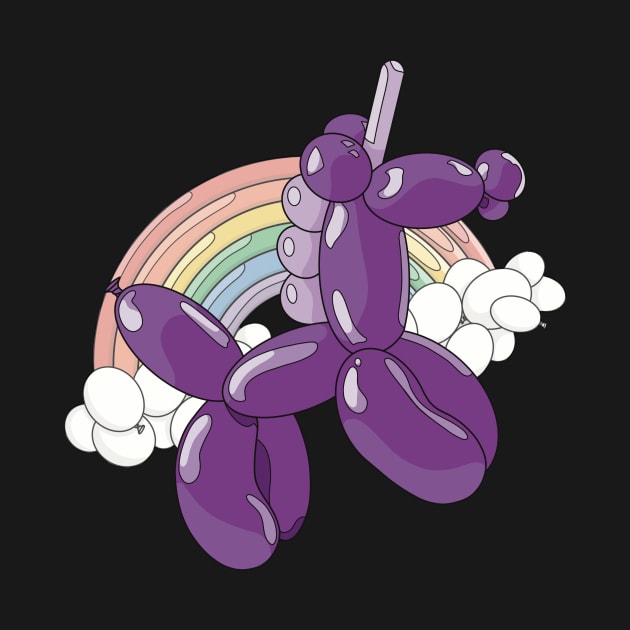 A light and dark purple unicorn balloon with a ballon rainbow and balloon clouds behind it. by Fruit Tee