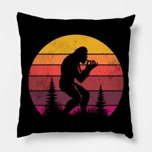 Bigfoot Sasquatch Playing The Harmonica Vintage Sunset Music Lover Pillow
