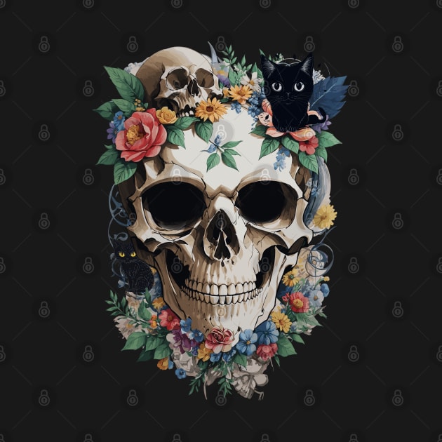 Skull With Flowers And Cats by PetODesigns