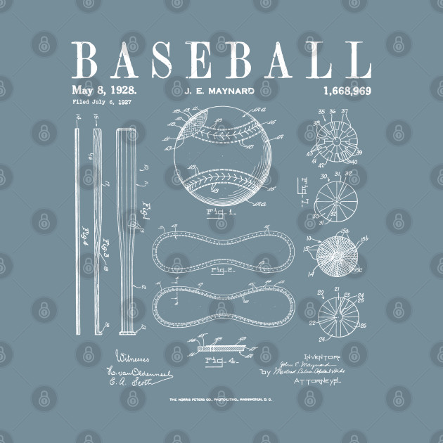 Disover Baseball Bat And Ball Old Vintage Patent Drawing Print WHITE - Baseball - T-Shirt