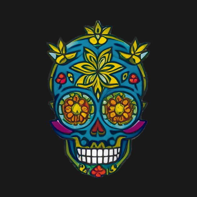 Enchanted Garden: Sugar Skull Art - Blue Delight with Vibrant Green Vegetation by ImaginativeInkPOD