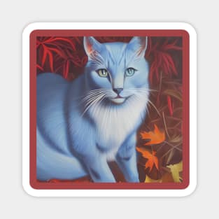 Striking Blue Cat in Autumn Leaves Magnet