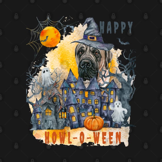 English Mastiff Happy Howl-o-ween Ghost Houses Funny Watercolor by Sniffist Gang