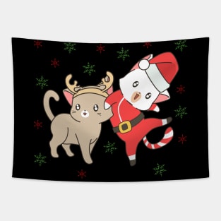 Kawaii Christmas Santa Cat And Reindeer Cat Tapestry