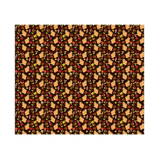 Dark Brown Autumn Leaves and Mushrooms Pattern T-Shirt