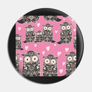 Folk Art Owls and Owlets with hearts on pink Pin