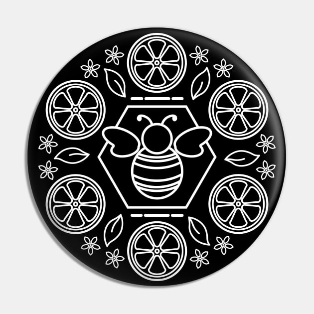 Honey Bee and Lemon Mandala | Black White Pin by Wintre2