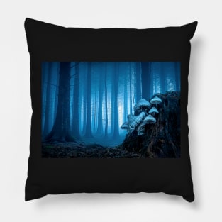 Blue Misty Forest View with Mushrooms Pillow