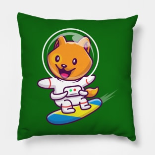 Cute Cat Astronaut Surfing In Space Cartoon Pillow