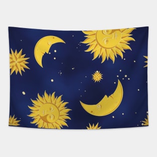 Sun moon stars blue pattern aesthetic witchcore whimsigothic retro Tapestry